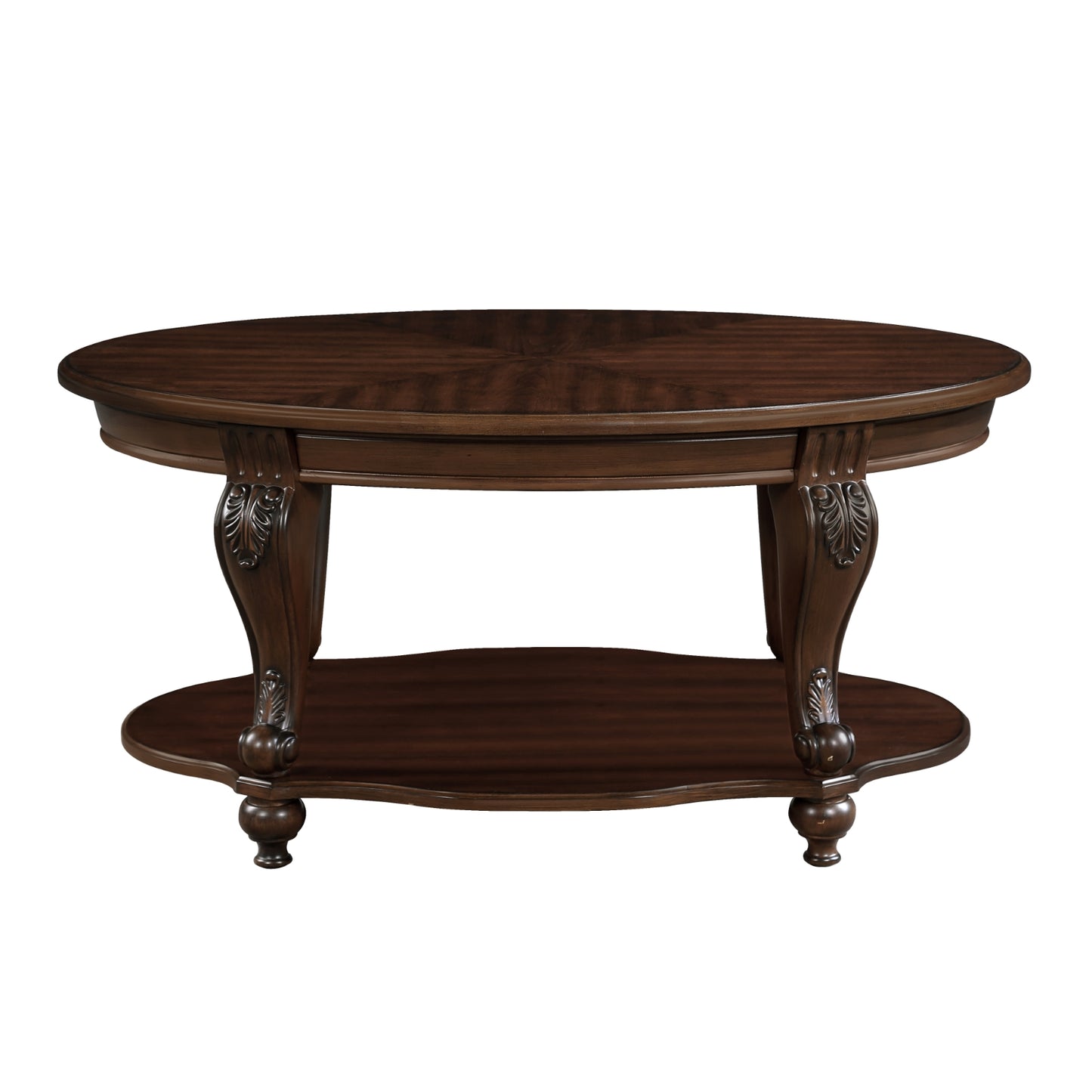 42'' Oval Wood Coffee Table For Living Room, 2-Tier Solid Wood Cocktail Table With Open Storage Shel