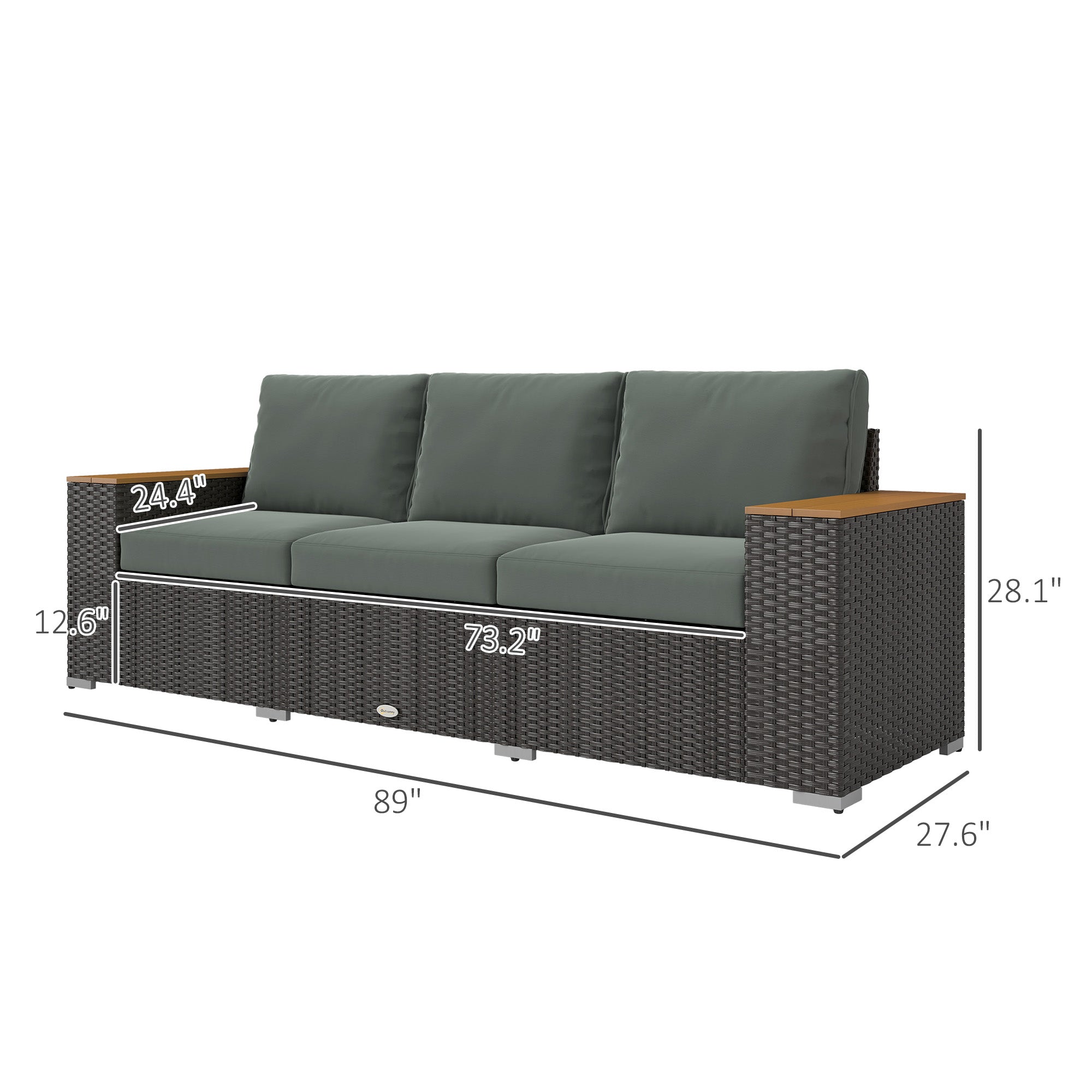 Sofá de Patio Exterior para 3 Personas con Cojines, Sofá de Mimbre de Ratán PE con Reposabrazos Anchos, Sofá de Mimbre Exterior, Gris Oscuro