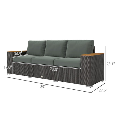 3-Seat Outdoor Patio Sofa With Cushions, PE Rattan Wicker Sofa With Wide Armrests, Outdoor Wicker Couch, Dark Gray