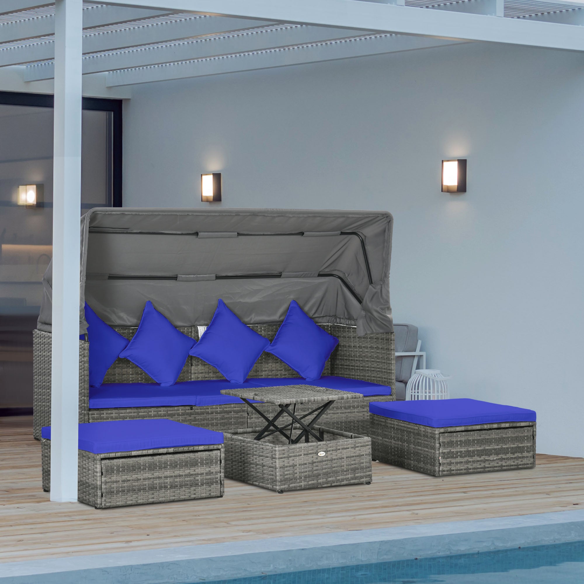 4-teiliges verstellbares Baldachin-Sofasofa-Set für draußen mit höhenverstellbarem Couchtisch und Kissen