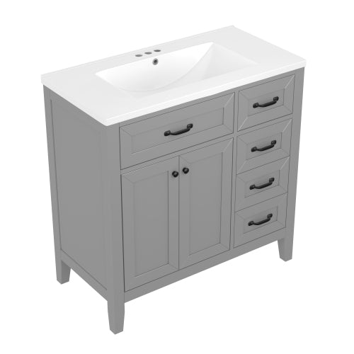 Lavabo de baño de 36 pulgadas con combinación de fregadero, gabinete de baño gris con cajones, marco sólido y tablero de MDF