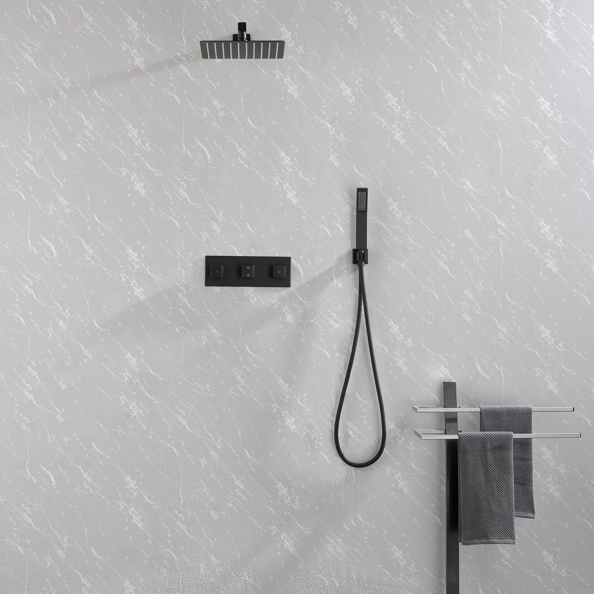 Messing Dusche Armatur in Mattschwarz mit Duschsystem, 10-Zoll-Duschkopf und Handbrause Badezimmer-Kombination