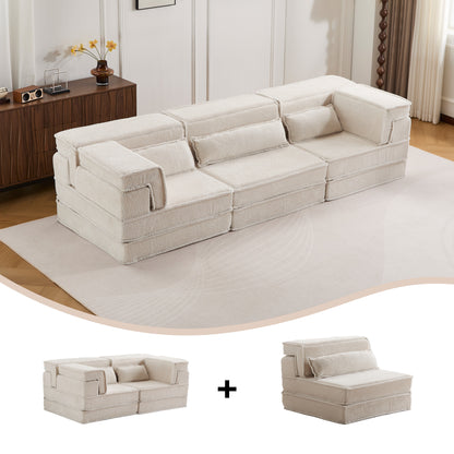 Compression Mahjong Sofa,Convertible Floor Sofa Bed,DIY Boneless Modular Sectional Sofa,No Assembly Required,Circle Fleece Fabric,Oversized 3 Seater With 3 Pillows,White
