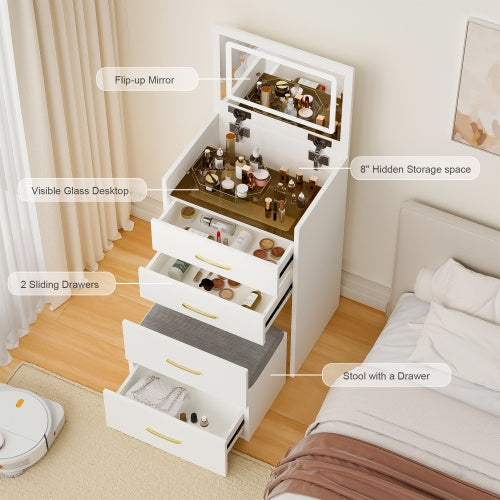 Escritorio de Tocador 3 en 1 con Espejo Abierto en la Parte Superior, Conjunto Pequeño de Tocador para Maquillaje con Escritorio de Vidrio Visible, Tocador Compacto para Maquillaje con 3 Cajones, Mesa de Vestir para Dormitorio