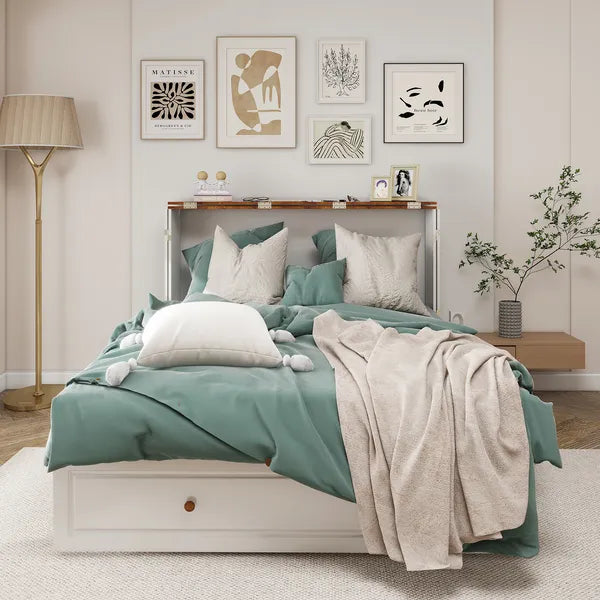 Marco de Cama Murphy de Tamaño Queen con Cajones, Cama Murphy con Pecho y Estación de Carga, 2 Puertos USB, Cama Murphy Móvil para Arreglo de Dormir en Áreas Multipropósito para Dormitorio, Sala de Estar, Habitación de Huéspedes Blanco y Madera