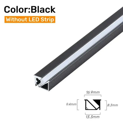 Black 45 degree led aluminum profile corner trim with ribbed exterior and polished interior for kitchen backlight