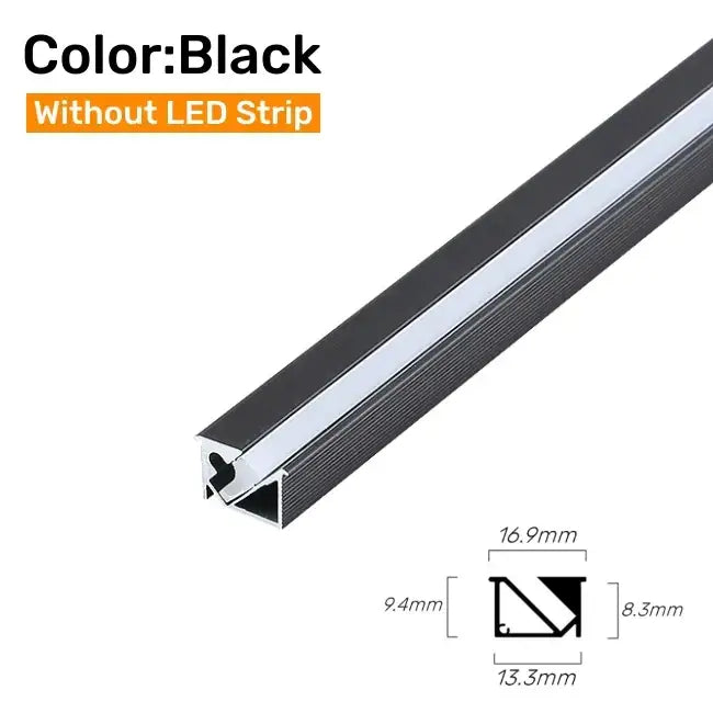 Black 45 degree led aluminum profile corner trim with ribbed exterior and polished interior for kitchen backlight