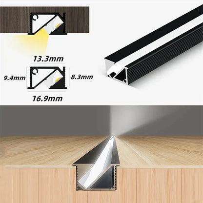 Black and silver 45 degree led aluminum profile corner trim with angular design for recessed kitchen backlight installation
