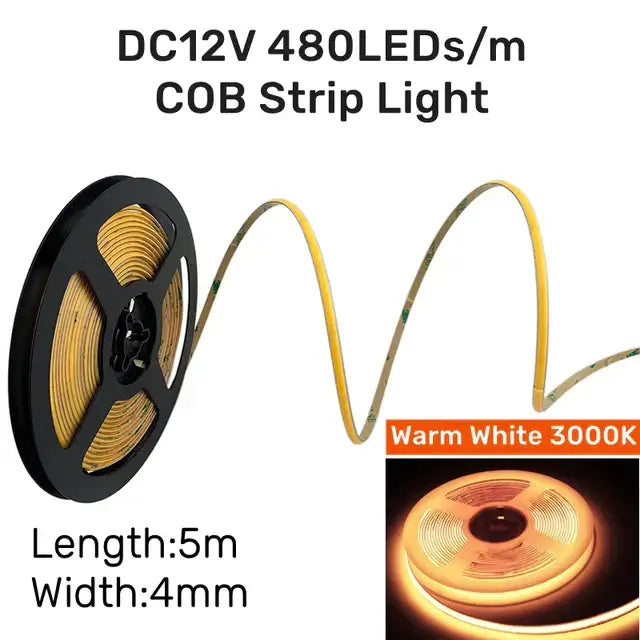 A flexible warm white led strip light with 480 leds per meter in a 45 degree led aluminum profile corner trim