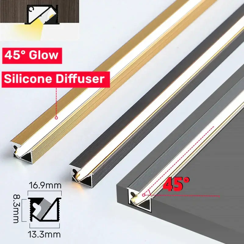 45 degree led aluminum profile corner trim in gold silver and black with silicone diffuser for kitchen backlight glow