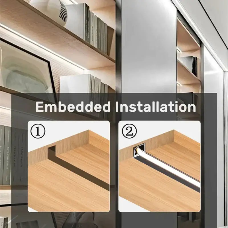 Modern wooden shelf with sleek black trim featuring integrated led lighting using a 45 degree led aluminum profile corner trim