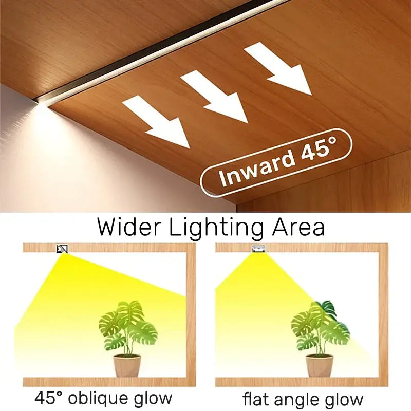 A sleek warm white 45 degree led aluminum profile strip cast inward glow for wider kitchen backlight coverage