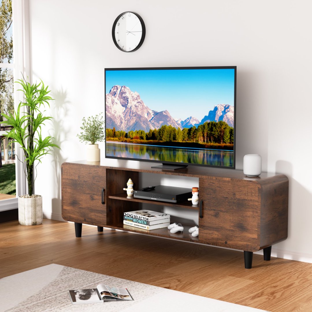 Soporte de TV para Televisor de 55 Pulgadas, Centro de Entretenimiento con Armarios de Almacenamiento, Puerta con Bisagra Suave y Manija, Mesa Consola de TV para Medios en Sala de Estar o Dormitorio, Marrón Rústico