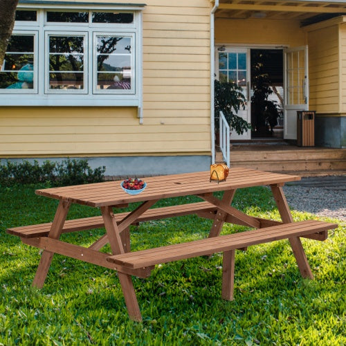 Wooden Picnic Table Outdoor Dining Space 8 Person