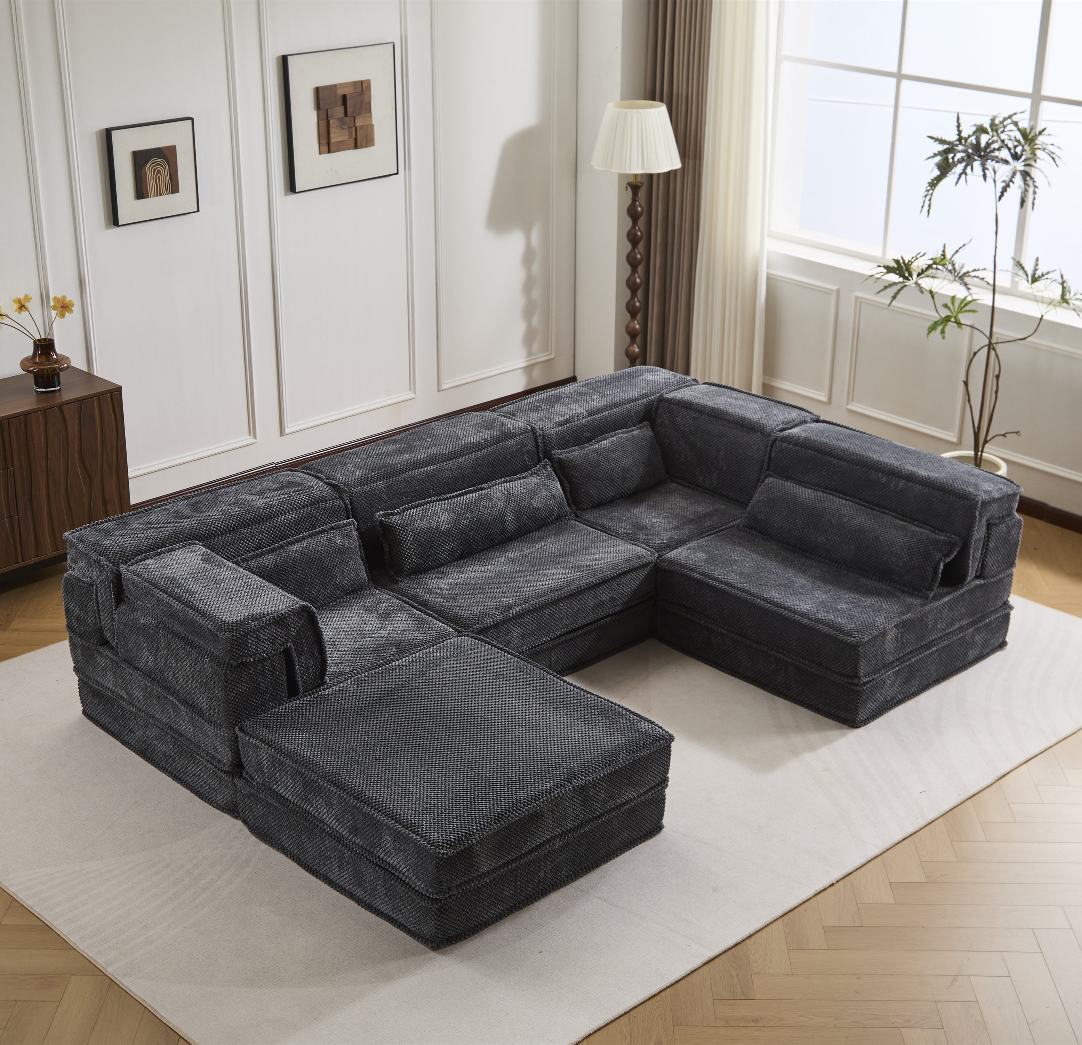 Sofá Mahjong de Compresión, Sofá Cama Convertible para el Suelo, Sofá Seccional Modular sin Huesos DIY, Sin Ensamblaje Requerido, Tejido de Lana Polar en Círculo, Cuatro Plazas Sobredimensionado con 1 Otomana, Gris Oscuro