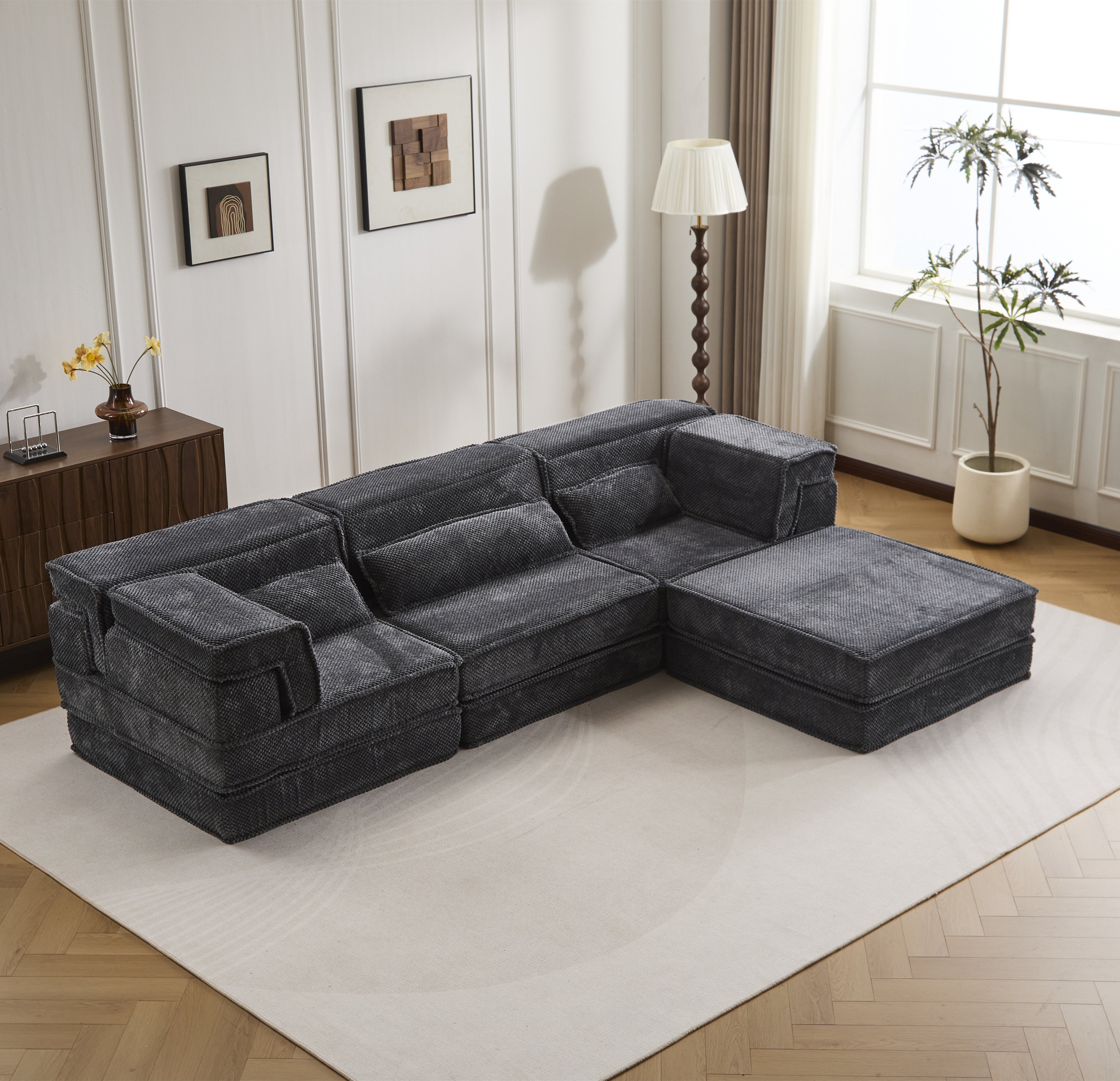 Sofá Mahjong de Compresión, Sofá Cama Convertible para el Suelo, Sofá Seccional Modular sin Huesos DIY, Sin Ensamblaje Requerido, Tela de Felpa Circular, Tres Plazas Sobredimensionado con 1 Otomana, Gris Oscuro