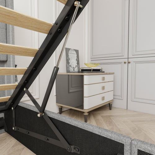 Queen Size Bed Frame With Storage - Lift Up Storage Bed With Modern Wingback Headboard, USB Ports