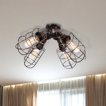 DecorBites™ DecorBites™ Rustic Industrial Caged Bedroom Ceiling Fixture - Semi-Flush Mount with Pipe Design, Bronze/Aged Silver, 4 Bulbs