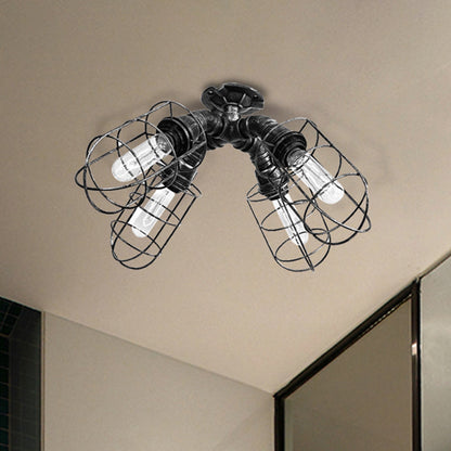 DecorBites™ DecorBites™ Rustic Industrial Caged Bedroom Ceiling Fixture - Semi-Flush Mount with Pipe Design, Bronze/Aged Silver, 4 Bulbs