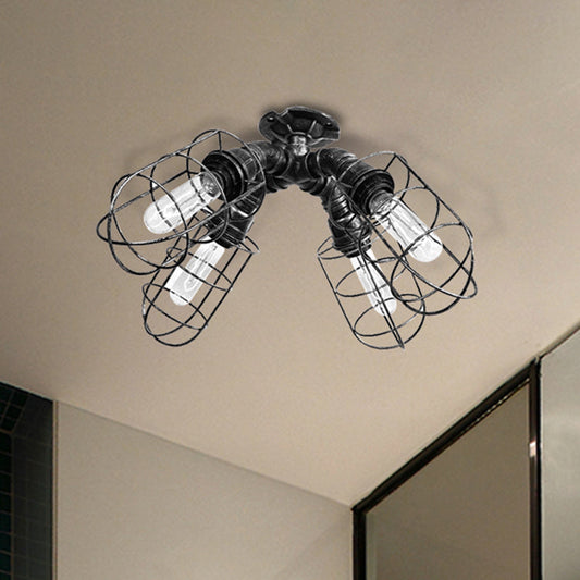 DecorBites™ DecorBites™ Rustic Industrial Caged Bedroom Ceiling Fixture - Semi-Flush Mount with Pipe Design, Bronze/Aged Silver, 4 Bulbs