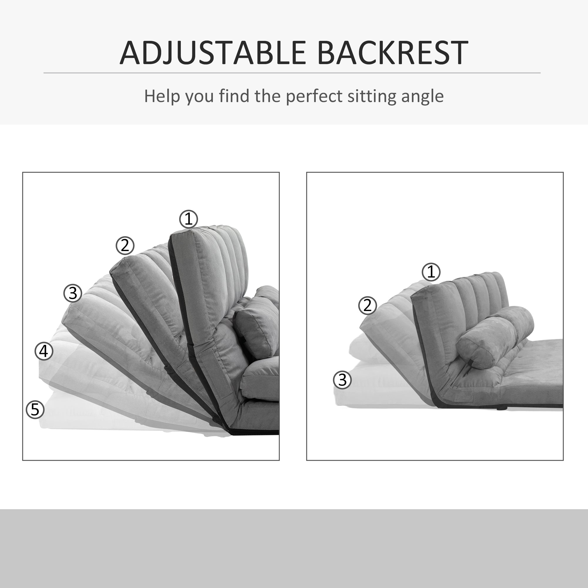 Sofá Cama Plegable con Tapizado Gris Convertible en Silla de Piso con Estructura de Metal y Almohadas