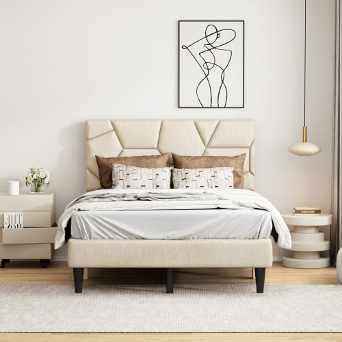 Estructura de Cama Queen, Cabecero de Almacenamiento en Lino, Fuerte y Estable, Sin Ruido, Sin Resorte de Caja, Fácil de Ensamblar