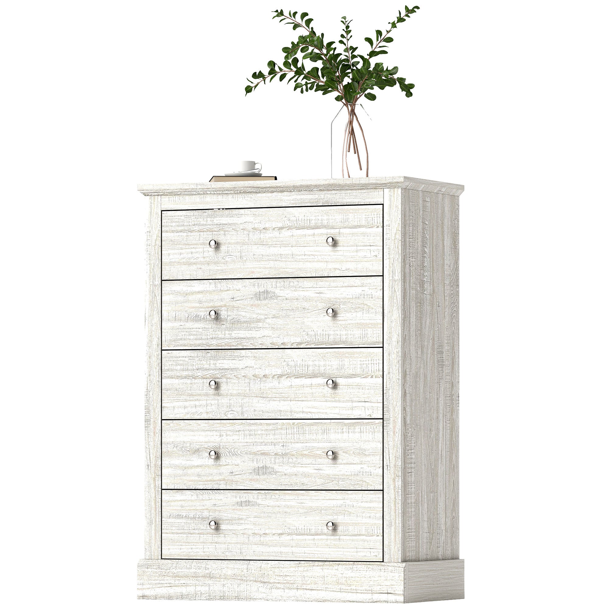 Cómoda de Granja Ancha de 31 Pulgadas con 5 Cajones, Mueble para Dormitorio con Superficie de Madera para Sala de Estar, Roble Sucio