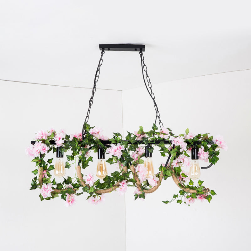 DecorBites™ Black Metal 4-Light Linear Island Lamp with Hanging Artificial Plant - Lodge Style