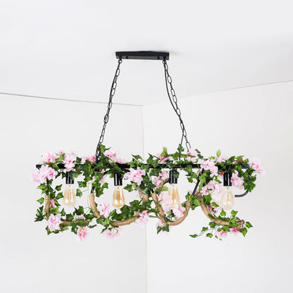 DecorBites™ Black Metal 4-Light Linear Island Lamp with Hanging Artificial Plant - Lodge Style