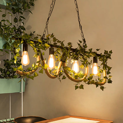 DecorBites™ Black Metal 4-Light Linear Island Lamp with Hanging Artificial Plant - Lodge Style