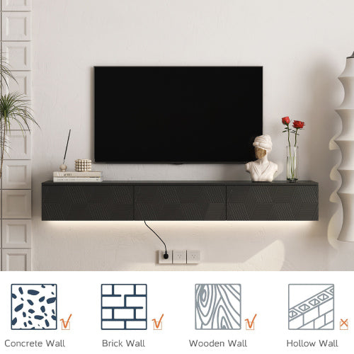 Schwebender TV-Ständer Wandmontiert mit 16-farbigen LEDs, Modernes TV-Ständer, Schwebender TV-Schrank Entertainment-Center für 55 60 65 Zoll TV, Schwarz