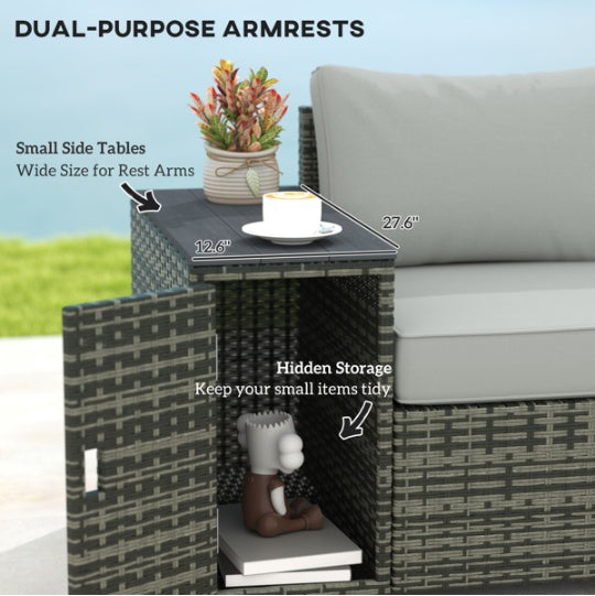 Grey Woven Outdoor Sofa Hidden Storage Armrests