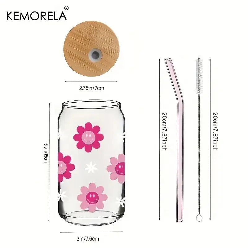 Clear glass tumbler with pink smiling flower decals and white stars with bamboo lid decorbites 470ml pink kitchen glass