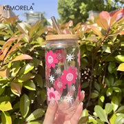 Clear glass 470ml pink smiling flower tumbler with bamboo lid and clear straw by decorbites for kitchen use