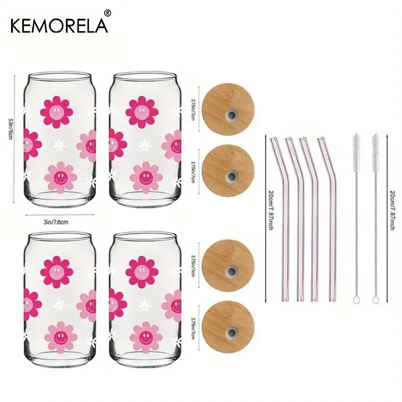 Set of four decorbites 470ml pink smiling flower glass tumblers with bamboo lids featuring white star patterns