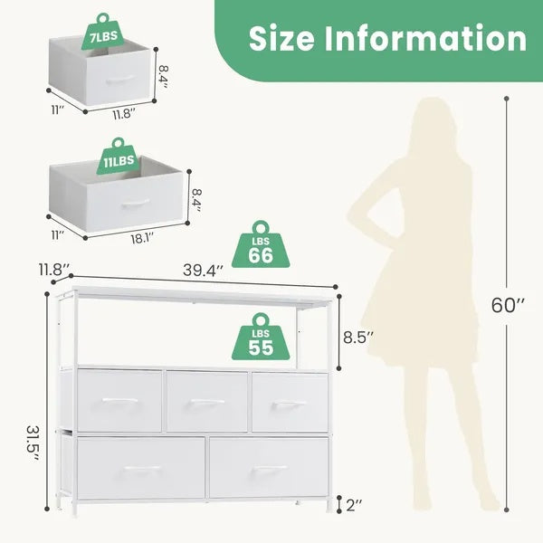 Cómoda para Dormitorio, Cómoda de Cajones, Cómoda de 5 Cajones, Cómoda de Tela para Armario con Estructura de Metal y Soporte para Televisor