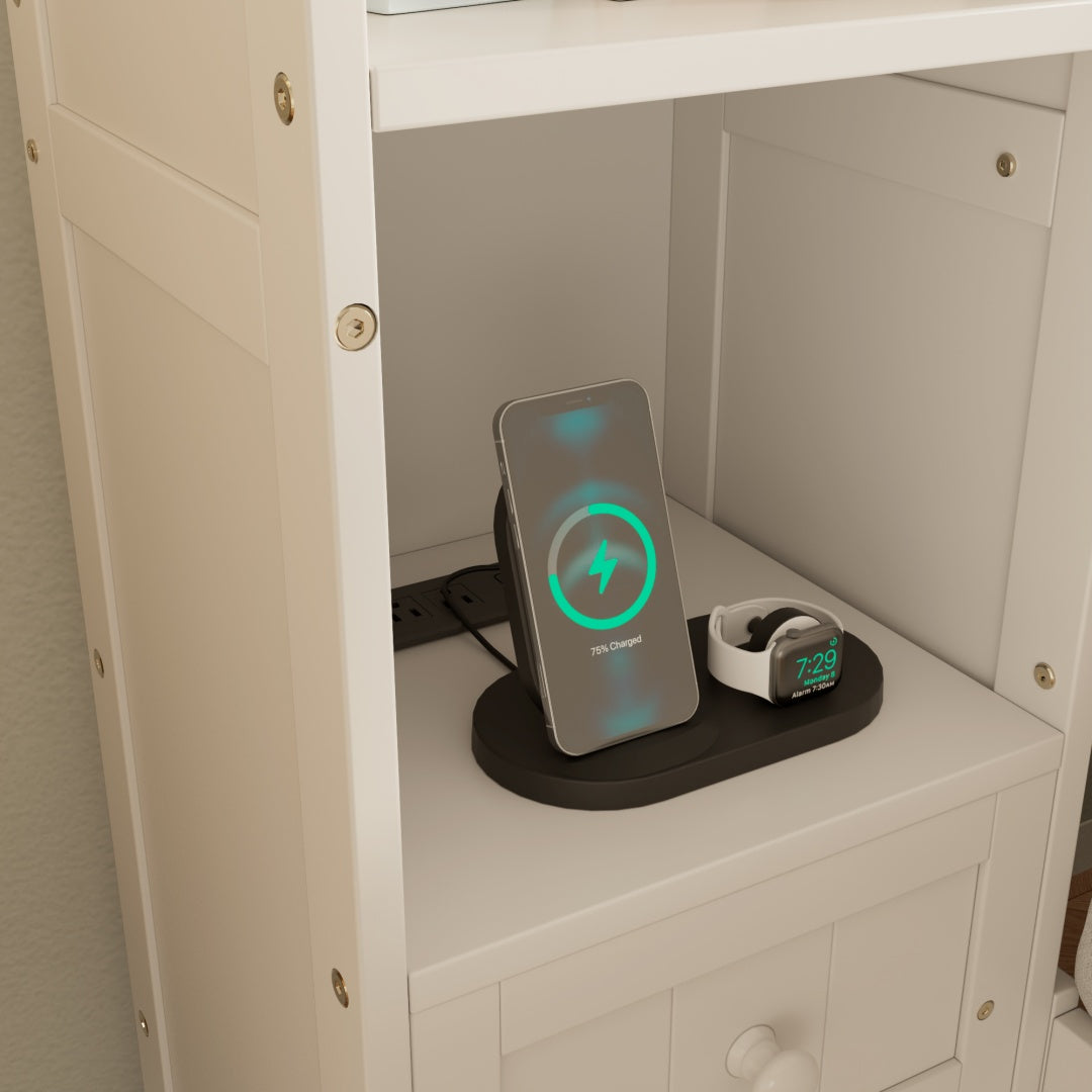 Königliche Größe Kiefernholz-Platform-Bett mit All-in-One 2 Nachttischen, Stauraum-Regal und Schrank-Bücherregal mit 2 Ladeeinrichtungen, Multifunktionales Kapitäns-Bettgestell mit 3 Schubladen, Kein Boxspring-Fundament erforderlich