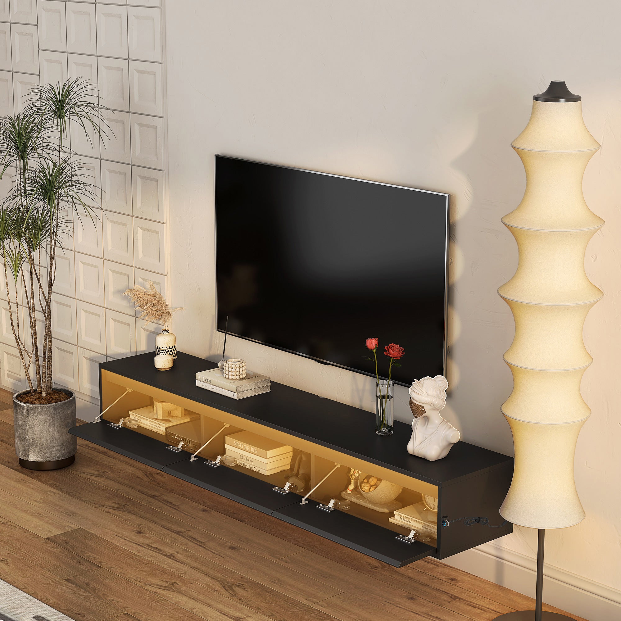 Mueble de TV Flotante, Estante de TV Montado en la Pared con Luces LED y Toma de Corriente, Gabinete de TV de Alto Brillo para Soporte de TV Negro para Sala de Estar