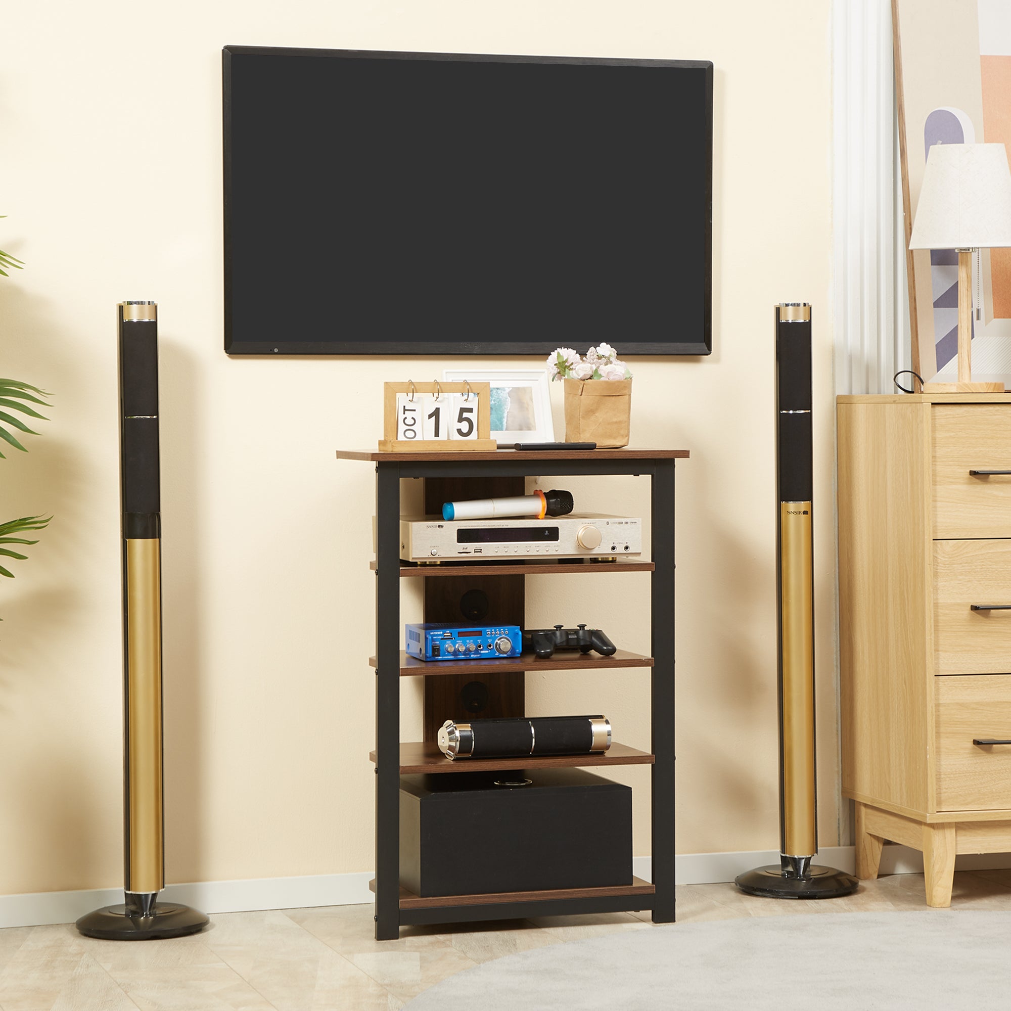 Soporte de Medios con Estantería de Audio de 4 Niveles Estante de Esquina para Medios AV con Gestión de Cables para Reproductores de DVD Consola de Juegos Cable de TV Router WiFi
