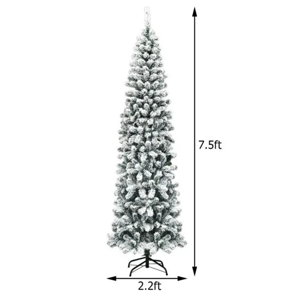 7.5ft Snow Flocked Pencil Christmas Tree - 641 Branch Tips, 350 Warm LED Lights, PVC+Metal