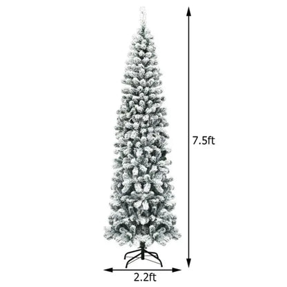 7.5ft Snow Flocked Pencil Christmas Tree - 641 Branch Tips, 350 Warm LED Lights, PVC+Metal