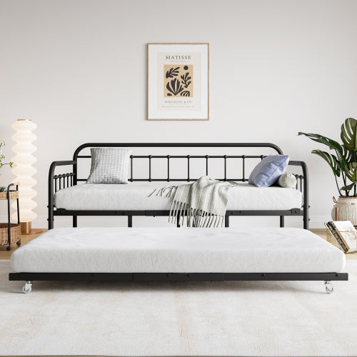 Estructura de Cama de Día Metálica de Tamaño Individual con Trundle, Plataforma de Sofá Cama con Soporte de Láminas de Acero de Gran Resistencia y Cabecero, No Se Requiere Resorte de Caja, Negro