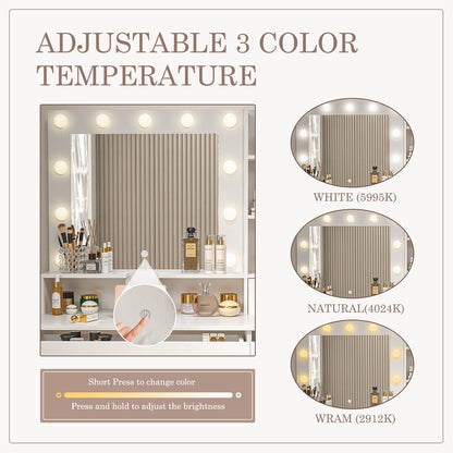 Dressing Table And Mirror, Dressing Table And Bedroom Dressing Table With 3-color Light Options For Adjustable Brightness, White
