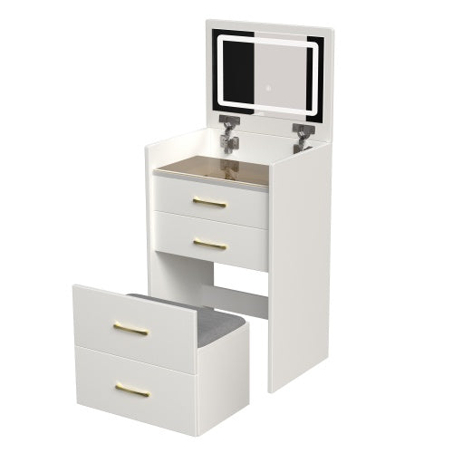 Escritorio de Tocador 3 en 1 con Espejo Abierto en la Parte Superior, Conjunto Pequeño de Tocador para Maquillaje con Escritorio de Vidrio Visible, Tocador Compacto para Maquillaje con 3 Cajones, Mesa de Vestir para Dormitorio