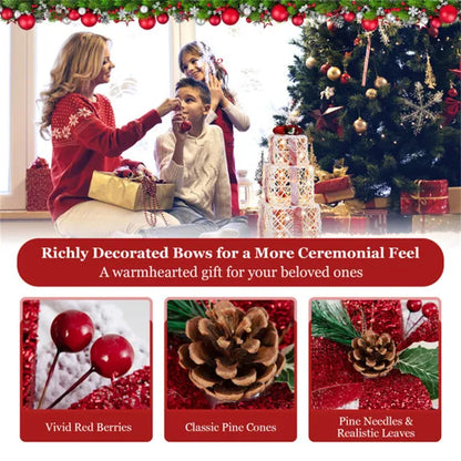 3-Piece Flocked Christmas Gift Boxes - 60 Warm-White LEDs, Timer Function, White+Red Festive Decor