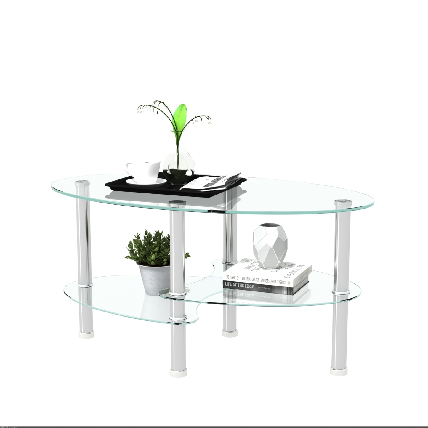 Transparent Oval Glass Coffee Table, Modern 3-Layer With Stainless Steel Leg