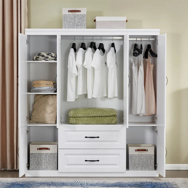 74" H Kleiderschrank mit 2 Türen Holz-Armoire Kleiderschränke Schrank Kleiderschrank Weißer Aufbewahrungsschrank Schlafzimmer-Armoires mit Kleiderstange 2 Schubladen -- 2 Pakete
