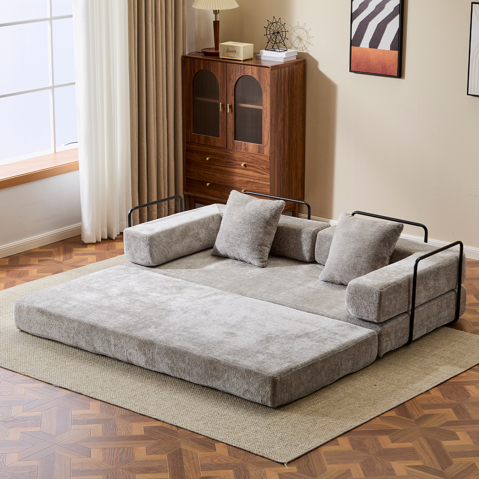 Sofá de Suelo, Sofá con Compresión, Sofá Cama Convertible de Suelo - con Soporte de Espalda en Almohada y Reposabrazos, Sofá Futón Cómodo para Reposar Cama para Dormir, Tejido de Chenille, para Sala de Estar y Dormitorio GRIS CLARO