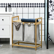 Bambus-Wäschekorb, Doppeltes Wäschegestell mit Regal, 2 herausziehbare und herausnehmbare Taschen, natürliches Holz und Dunkelgrau
