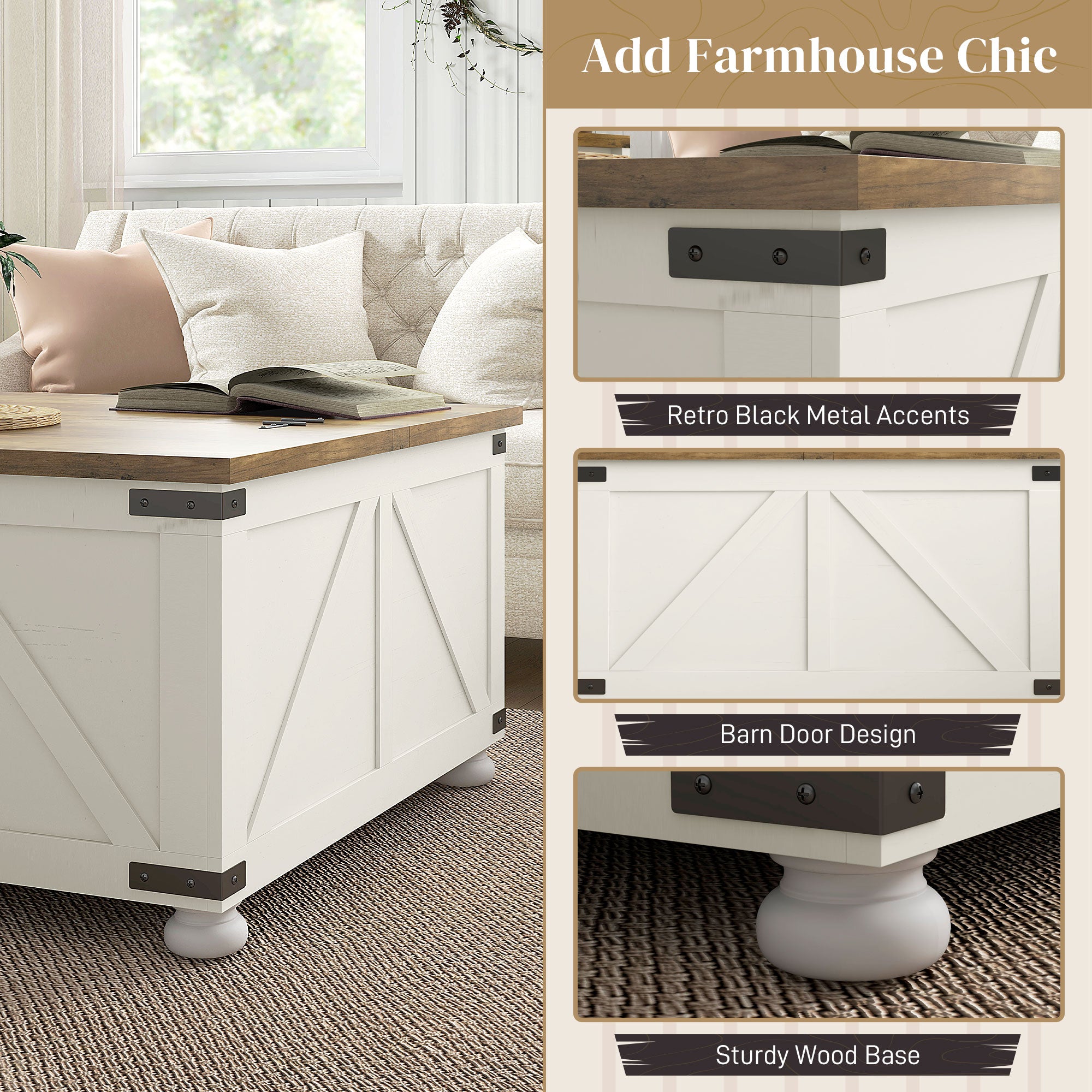 Rustic Wood Storage Table Oak Flip-Top Lids